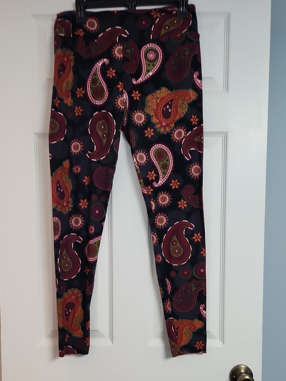 LuLaRoe Black Leggings with Paisley Print in Burgundy, Orange, Pink & Green
